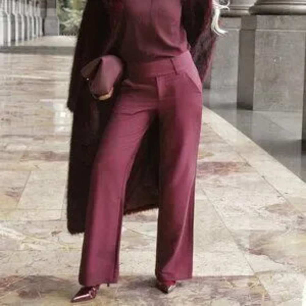 Maroon Elegant Women's Waist Button Design Pocket Casual Pants